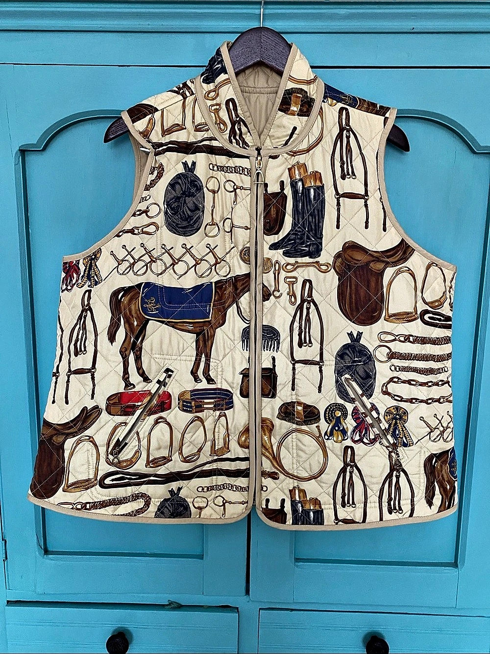 Lauren by Ralph Lauren Quilted Equestrian Print Vest in Cream Size 2X
